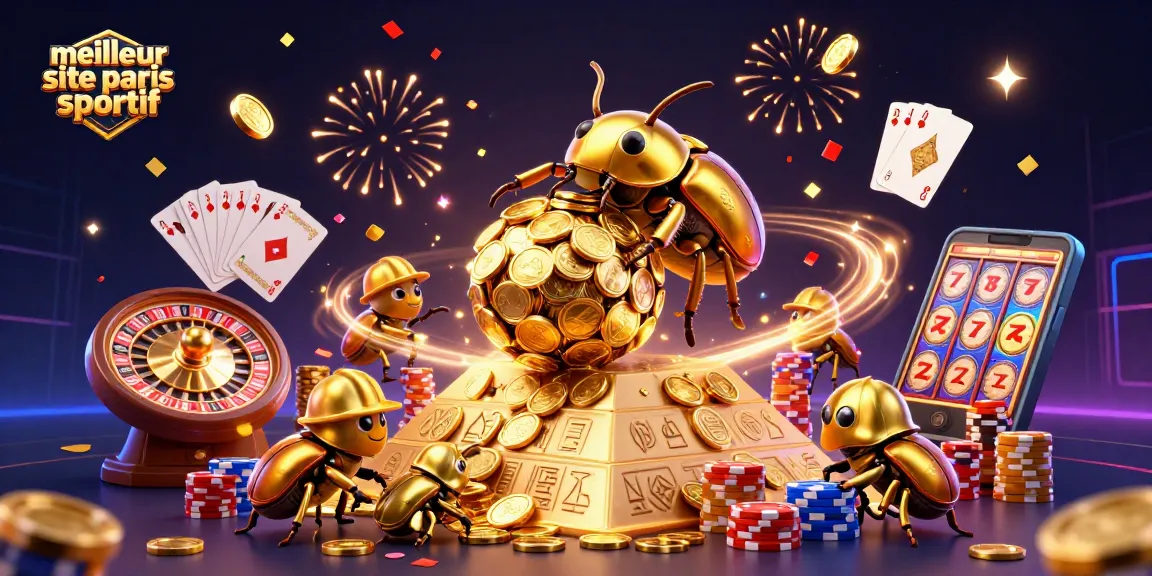 Jouez sur le meilleur site de paris sportif avec une illustration dynamique de coccinelles dorées et des éléments de casino.