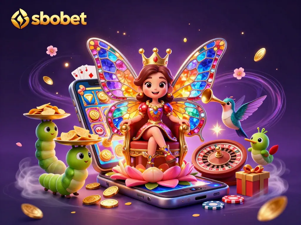 Sbobet offers vibrant gaming action with the butterfly queen in a colorful casino kingdom.