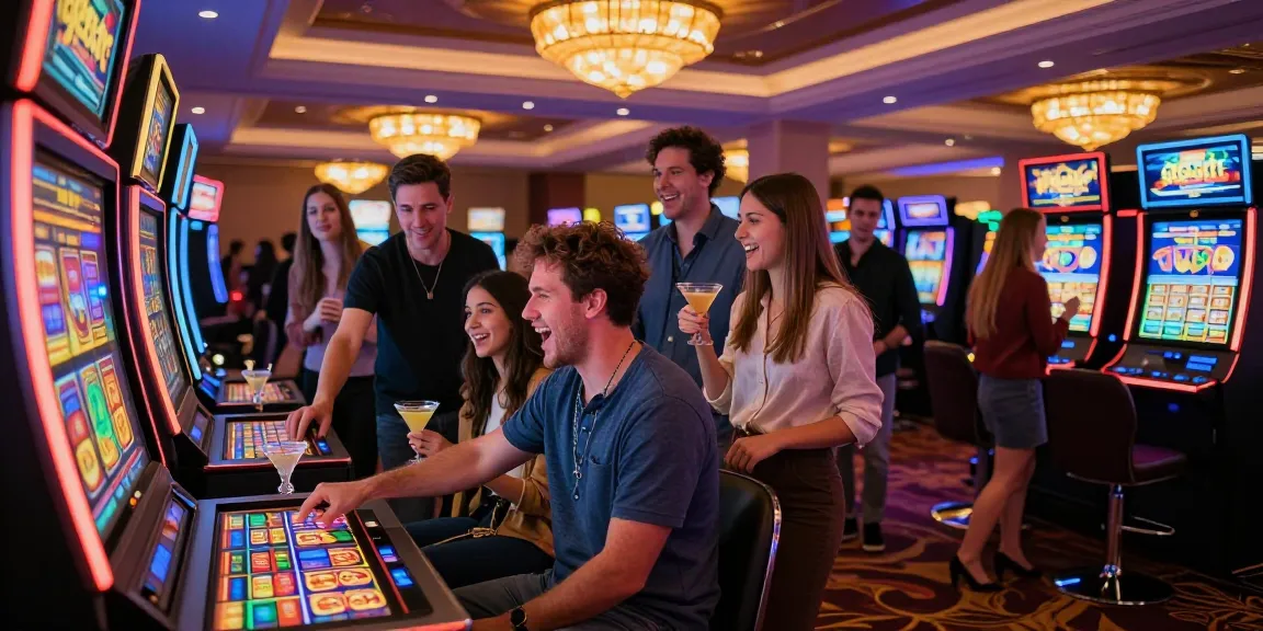 Friends enjoying the excitement of a ggsoft slot machine in a vibrant casino.