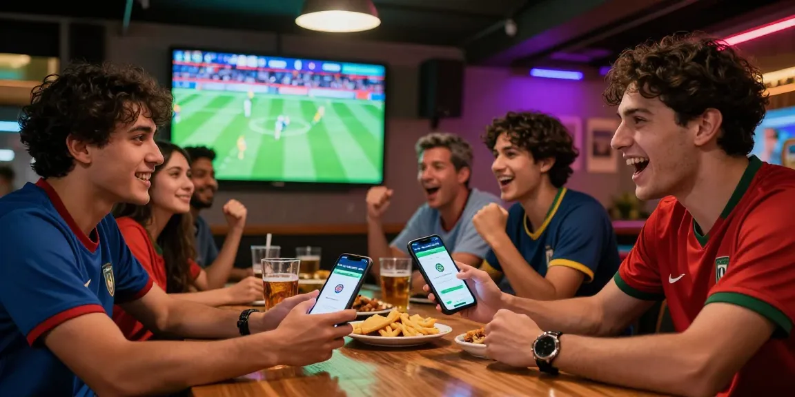 Gacor25 app showcased as friends enjoy sports betting during World Cup excitement.