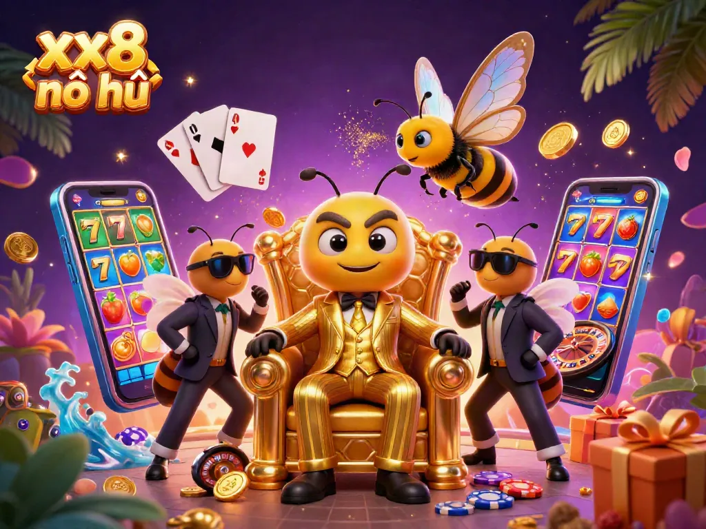 Spin to win big with xx8 nổ hũ in a vibrant casino scene featuring characters and slot game elements!