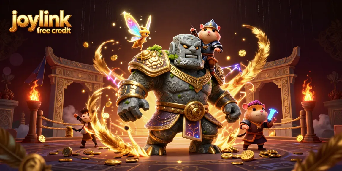 Engage in fortunes with joylink free credit at a vibrant casino scene featuring magical characters.