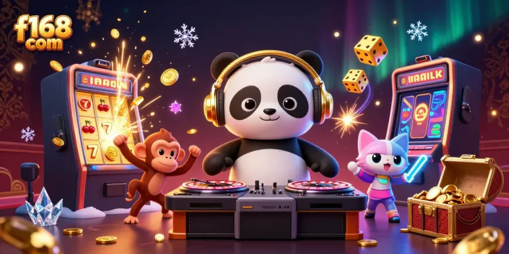 Engage in exciting gaming at f168 com, showcasing a panda DJ and vibrant casino elements.