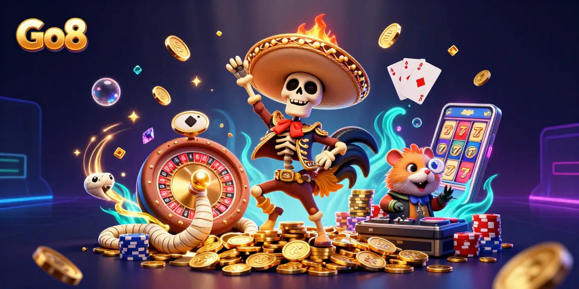 Go8 featuring a vibrant celebration with a mariachi rooster, mummy snake, and zombie DJ amidst casino excitement.
