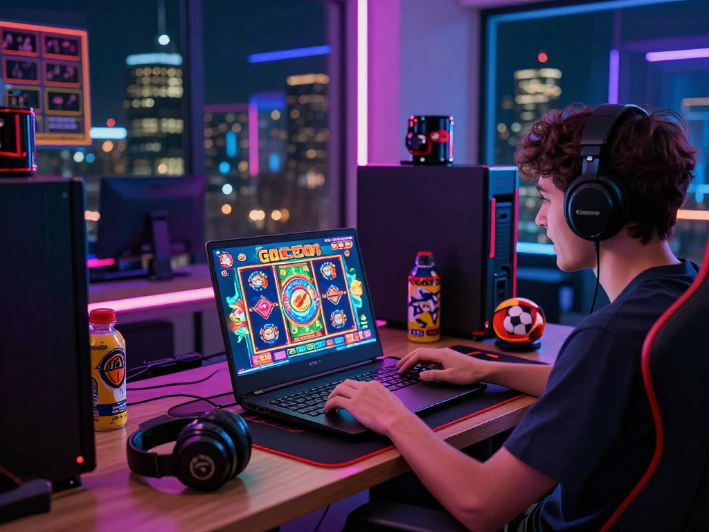 Excited gamer enjoying slot gacor online experience on laptop surrounded by vibrant gaming visuals.