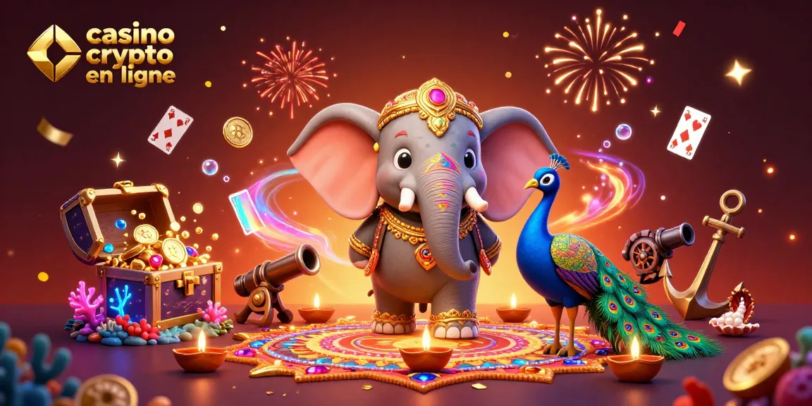 Peignez vos gains au casino crypto en ligne avec une scène festive remplie de trésors et d'éléphants colorés.
