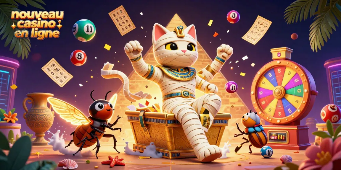 Découvrez le nouveau casino en ligne avec notre illustration mettant en avant une chatte momie égyptienne ludique.