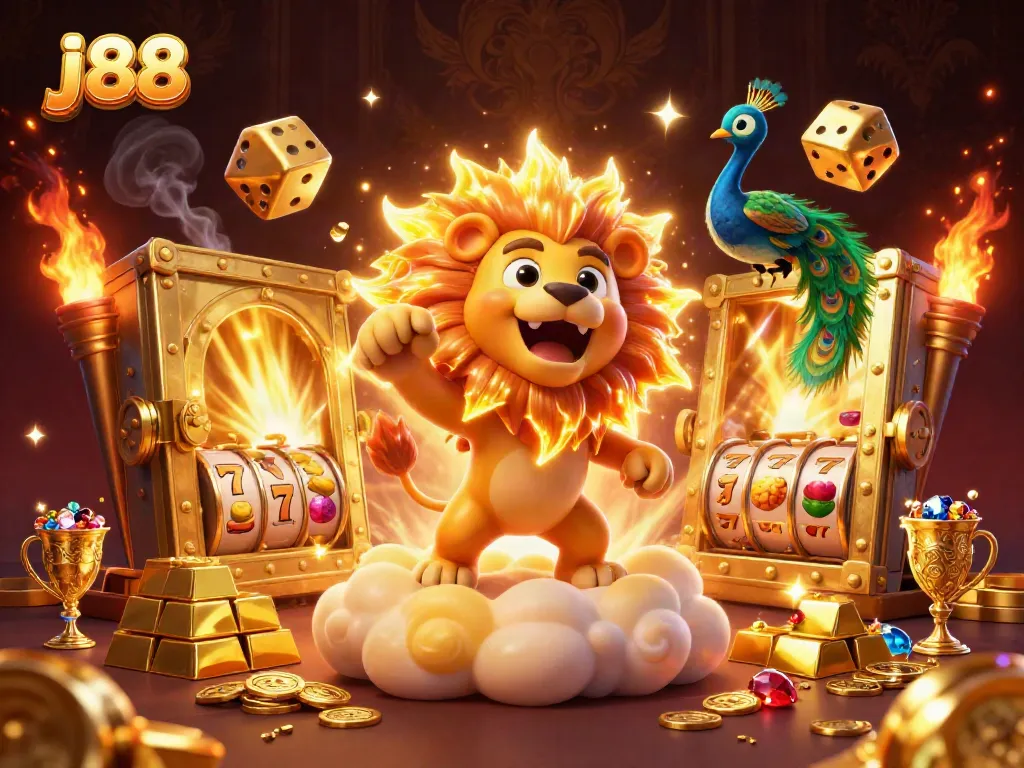Experience the thrill of j88 gaming with a vibrant, dynamic 3D illustration filled with golden treasures.