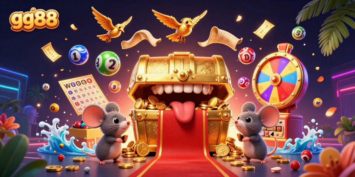 Capture the excitement of gg88 with a vibrant 3D illustration showcasing treasure, colorful lottery balls, and gaming elements.