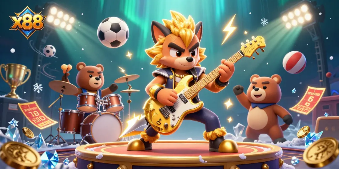 x88 shines as a rock star wolf and a drummer bear energize a lively casino scene.