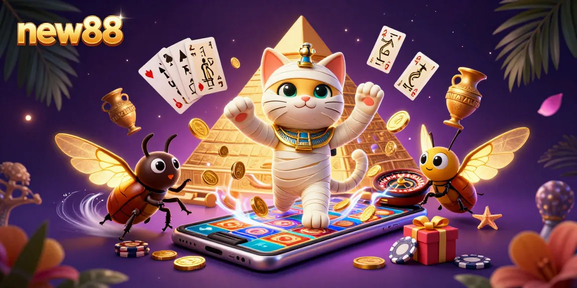Experience thrilling gameplay at new88 with a mummy cat and golden coins in a lively casino scene.