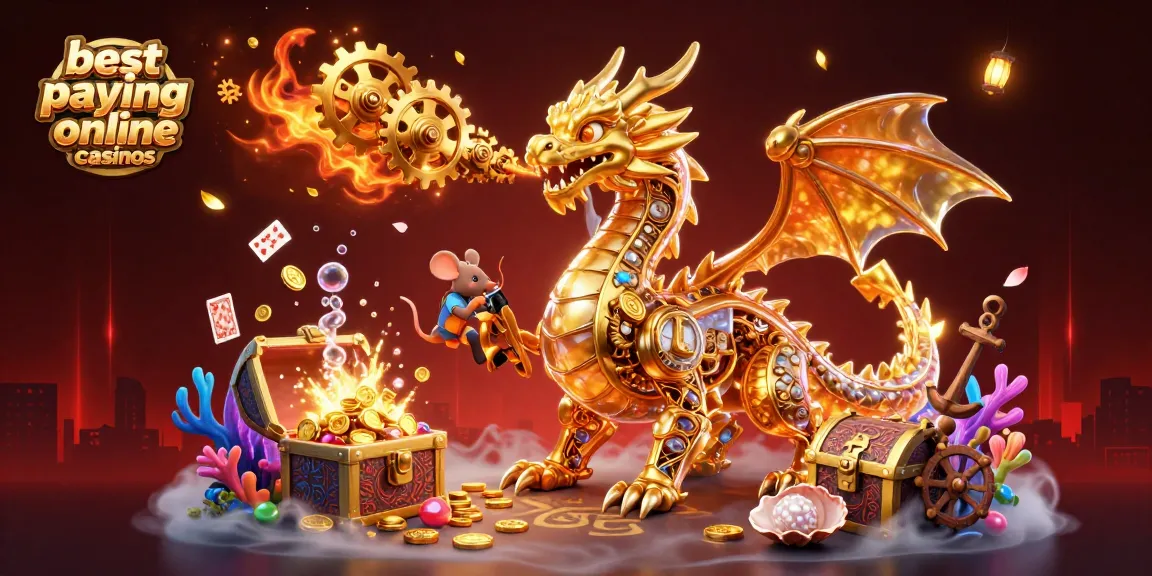 Experience the excitement at best paying online casinos with a fantasy scene featuring a golden dragon and treasure.
