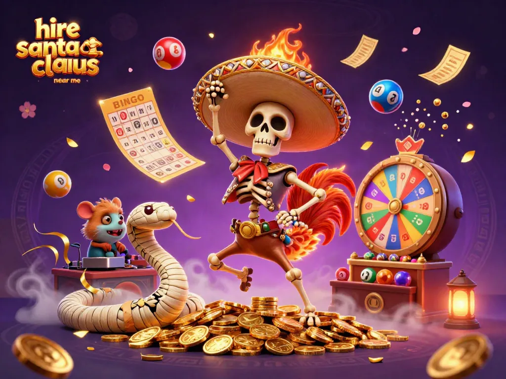 Hire Santa Claus near me featured in a vibrant lottery-themed 3D illustration with dynamic elements.