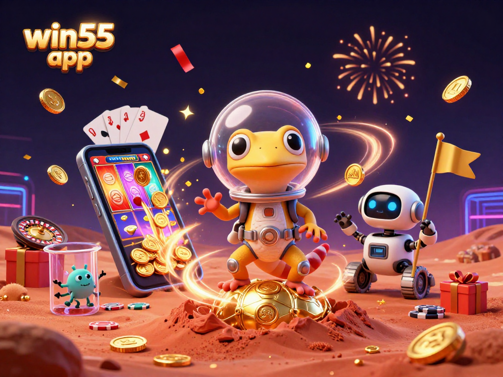 Experience the win55 app with a celebratory scene featuring a Martian gecko in a golden casino.