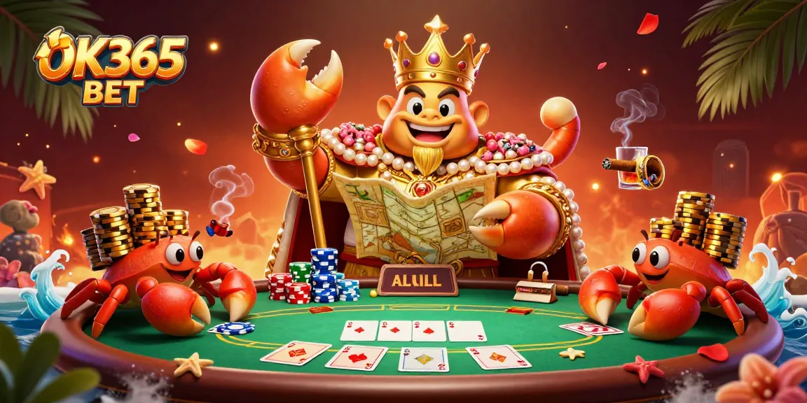 Engage with the excitement of OK365 BET featuring a vibrant casino scene with a golden crab emperor.