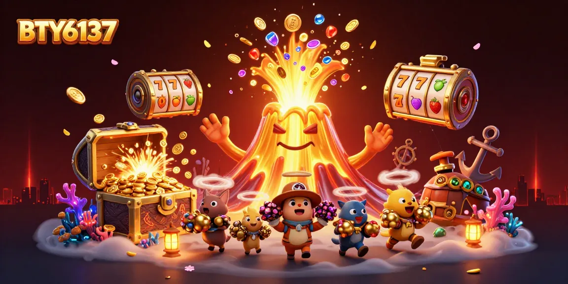 Engage with BTY6137 in a vibrant 3D casino illustration of an erupting volcano with treasure.