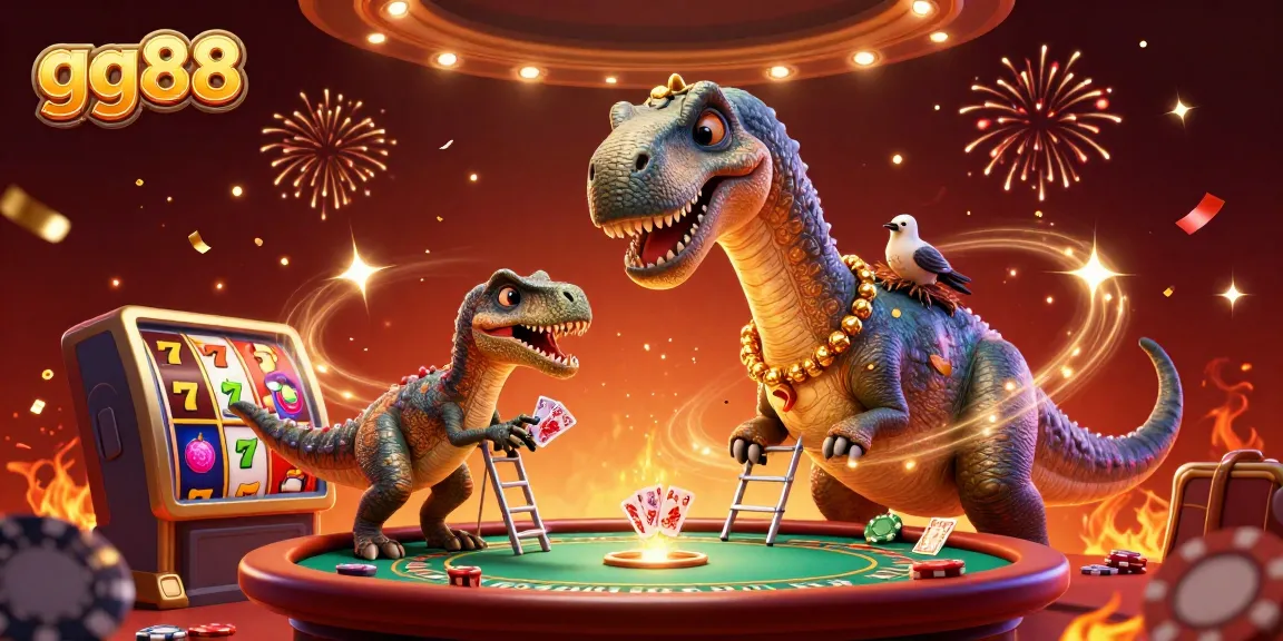 Experience thrilling wins at gg88 with a towering brontosaurus surrounded by dazzling casino elements.