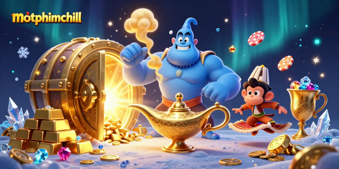 Experience the magic of motphimchill with a blue genie and poker chips in a golden-themed casino scene.