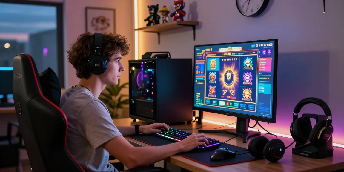 Young adult gaming enthusiast engaged with an immersive slot game on a vibrant monitor in a modern gaming setup.