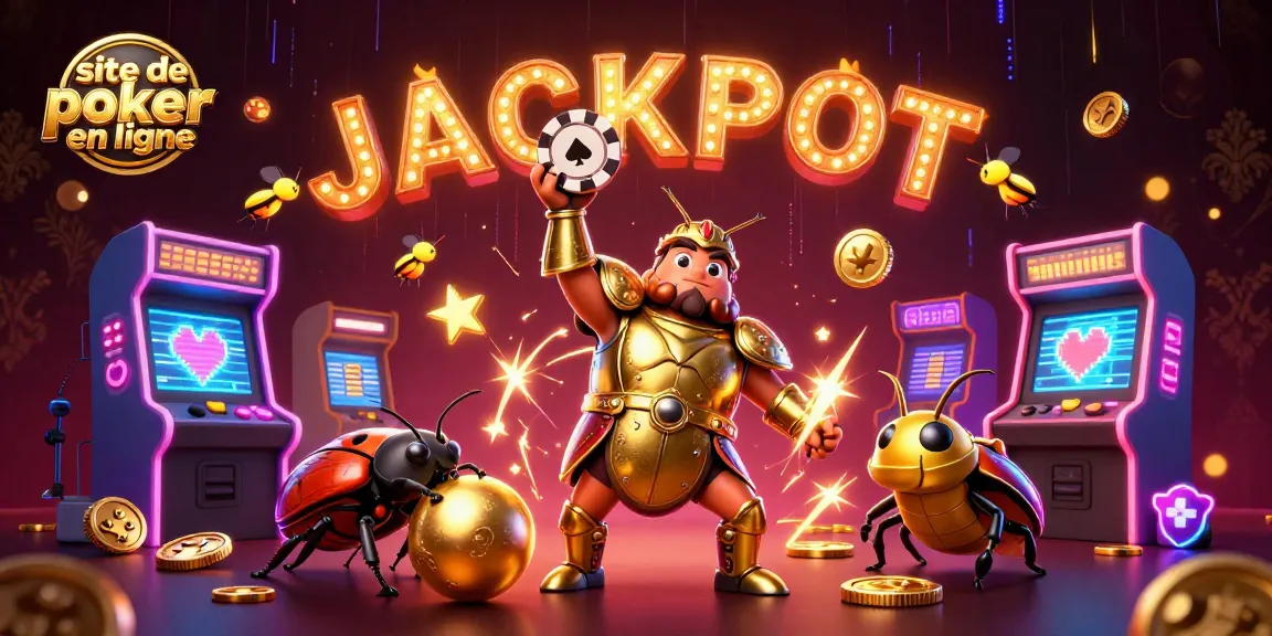 Joue sur un site de poker en ligne avec cette illustration dynamique d'un scarabée gladiateur soulevant des jetons victorieux.
