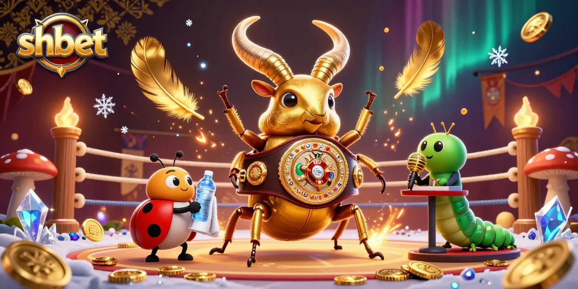 Engage with the exciting shbet casino experience featuring a golden stag beetle champion and betting tokens.