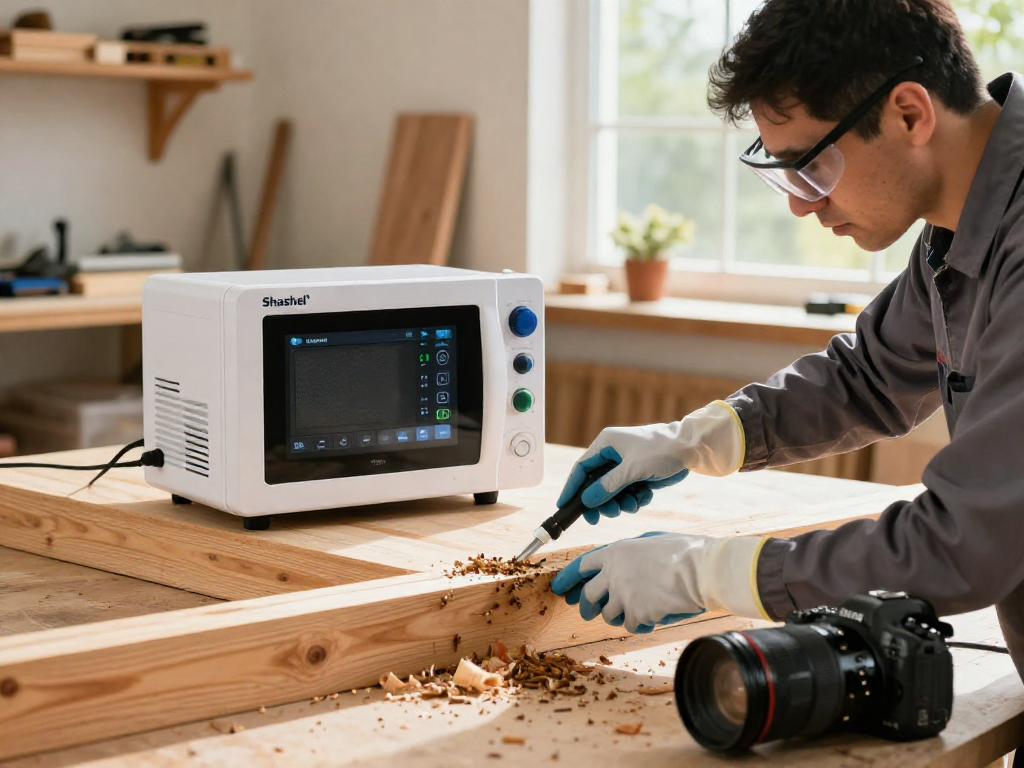 Shashel microwave equipment effectively eliminating woodworms in a professional workshop setting.