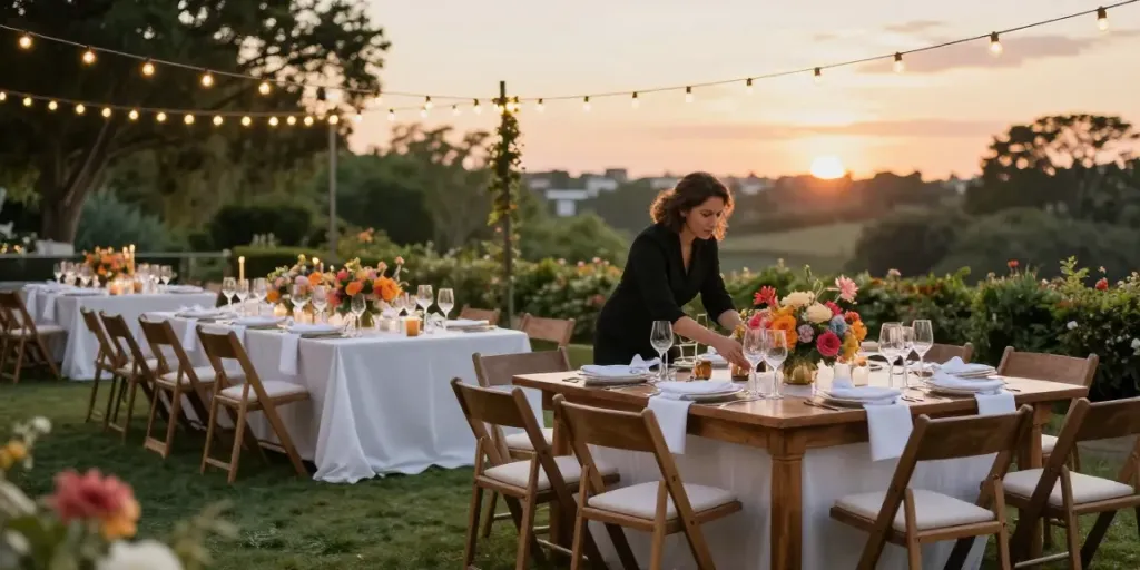 Event furniture rental setup with elegant tables and chairs in a luxurious outdoor venue