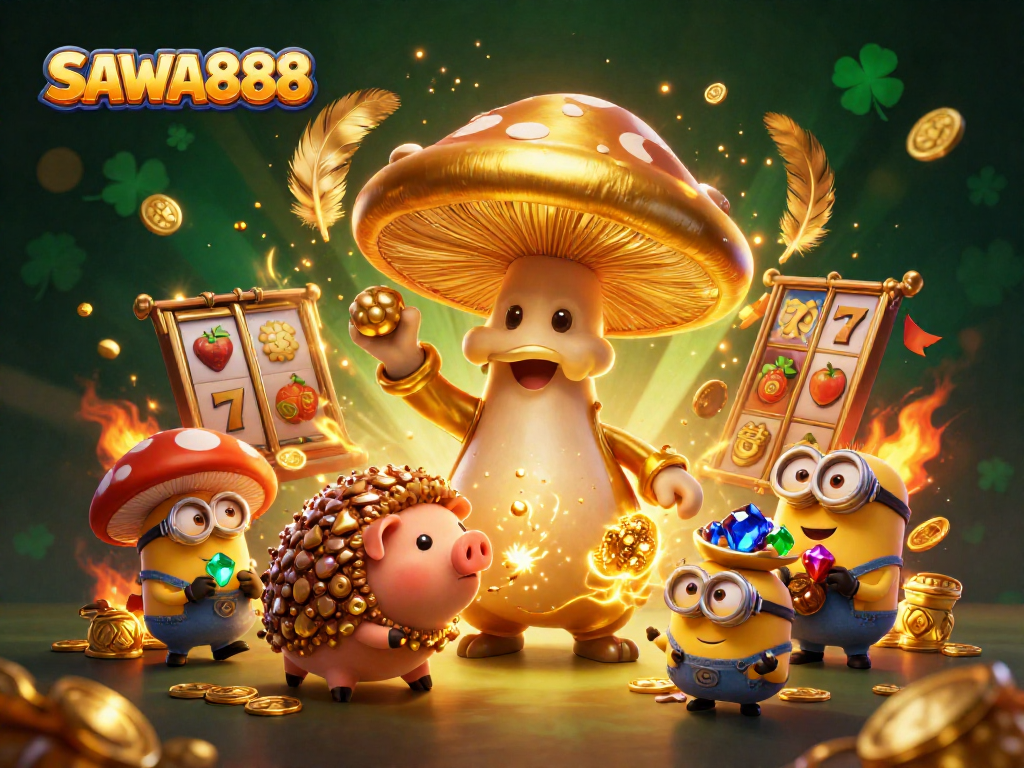 SAWA888 showcases a magical golden wizard surrounded by treasure, slot reels, and vibrant casino elements.
