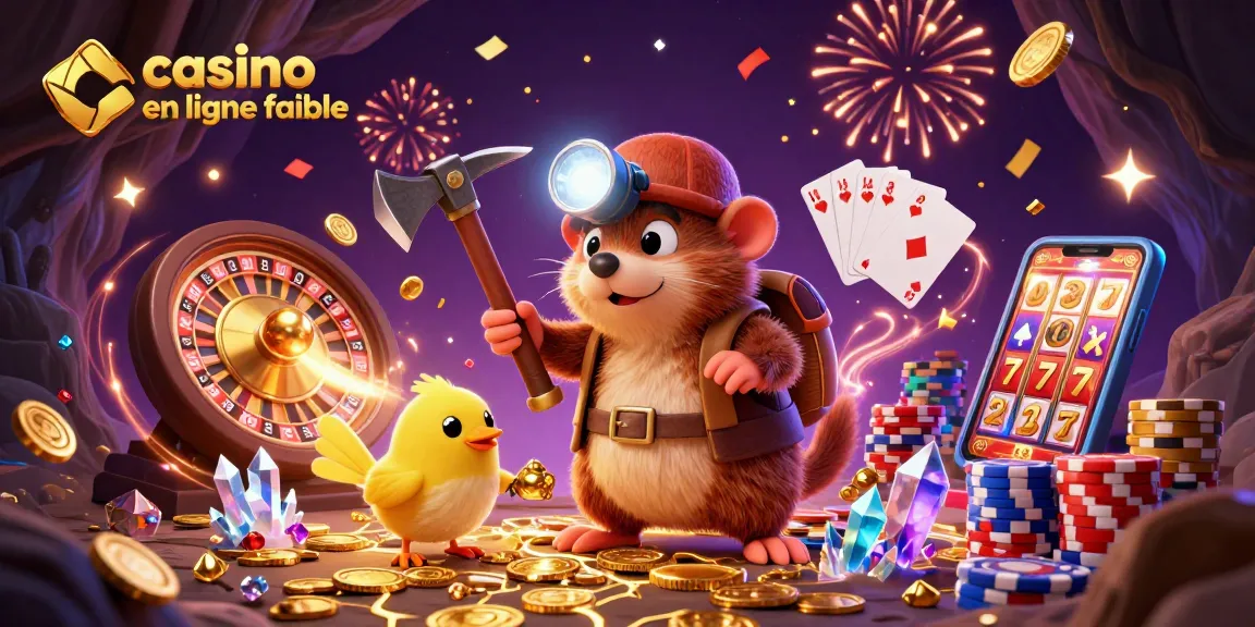 Illustration animée représentant un casino en ligne fiable avec un rat de terre et un canari, entourés de jeux de casino.