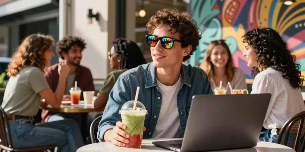 Estilo moderno com óculos de sol em café urbano, refletindo a cidade.