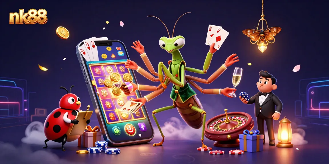 Experience excitement at nk88 with a vibrant casino scene featuring dynamic card games and joyful gaming elements.