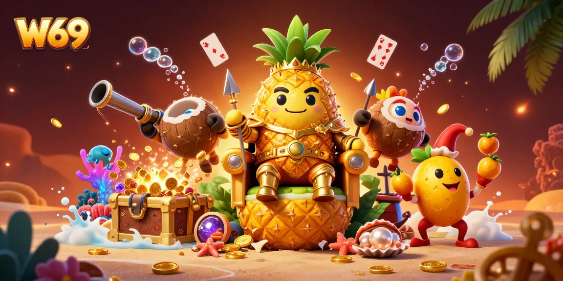 Engage with W69's vibrant casino scene featuring a golden pineapple king and lively characters.