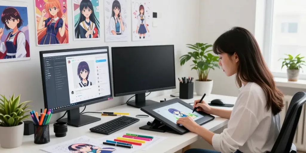 Dynamic scene of a character designer creating anime art for hentai ai chat interactions.