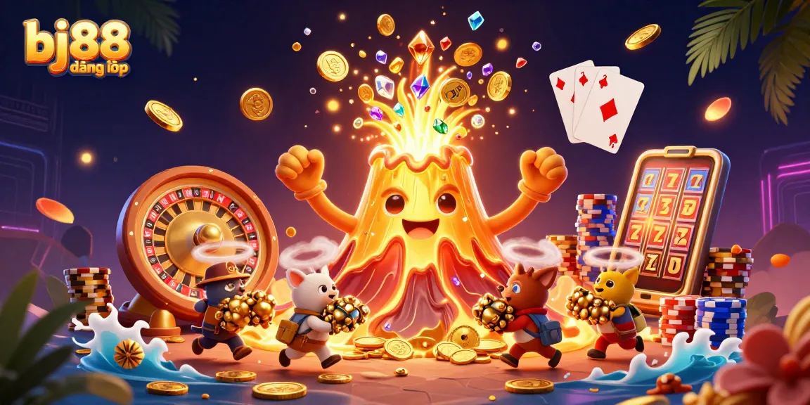 Experience the thrilling bj88 đăng nhập with a vibrant 3D casino scene filled with treasures and games.
