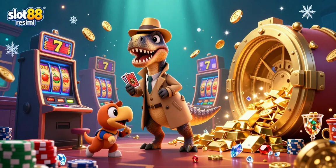 Experience thrilling moments at slot88 resmi with a humorous velociraptor at the slots, overseen by a vigilant stegosaurus.