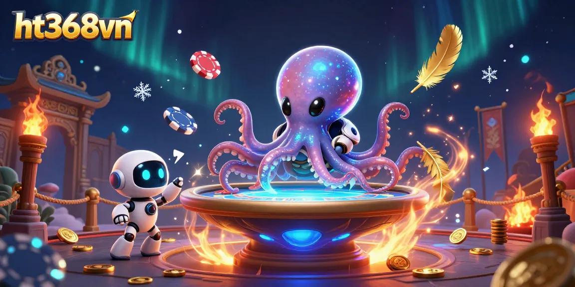 Experience the excitement of ht368vn with a 3D alien octopus at a poker table, surrounded by cosmic elements.