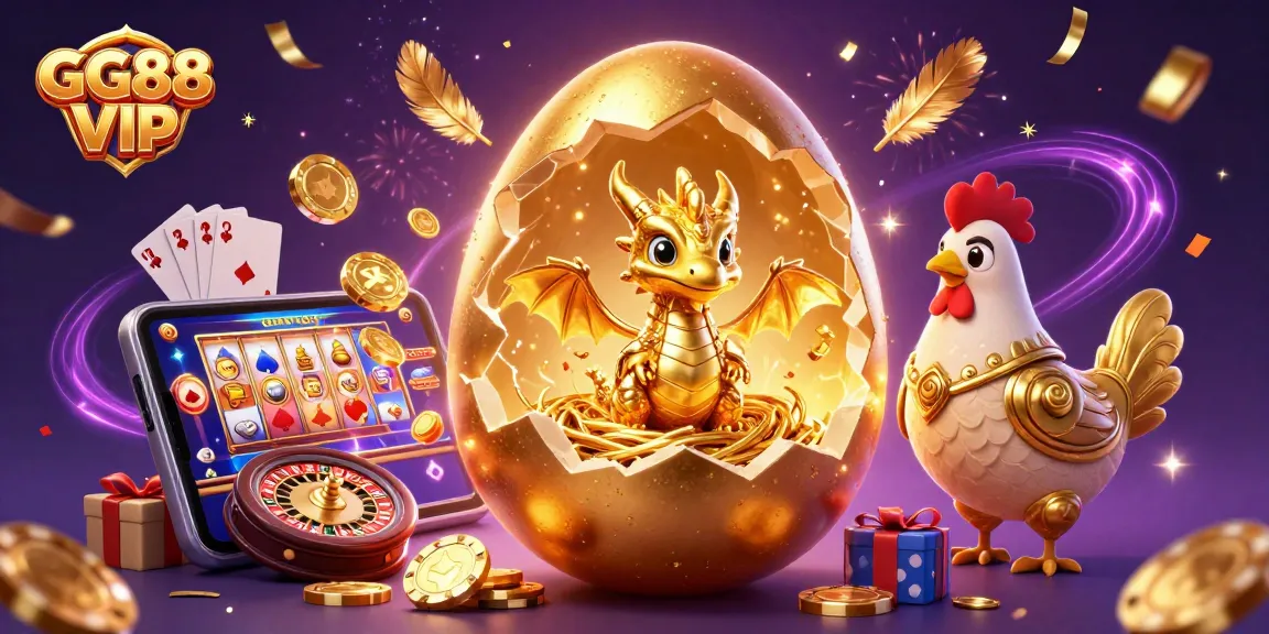 Experience GG88 VIP with a golden dragon on poker chips, exciting slot games, and vibrant casino elements!