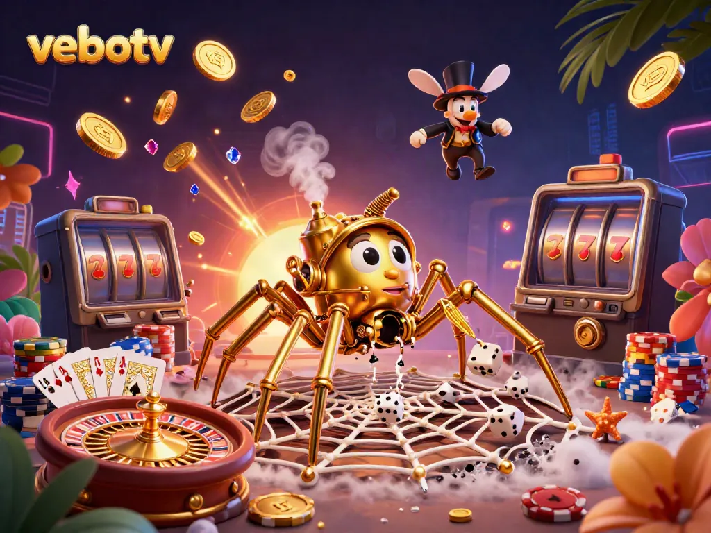 Engaging visual of vebotv showcasing a steampunk spider and fly in a rich casino scene full of excitement.