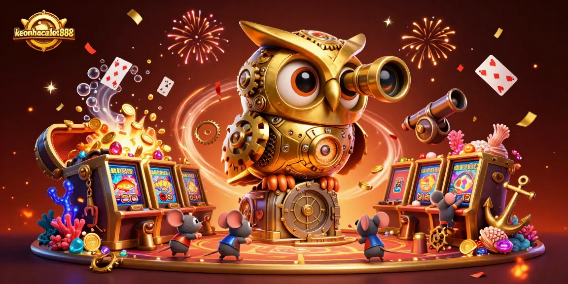 Experience the exciting casino atmosphere with keonhacaibet888, featuring a golden owl, vibrant gold coin treasures, and playful mice in action.