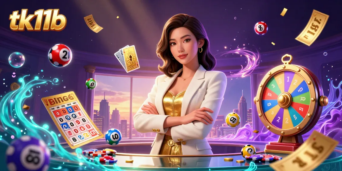 Engage with tk11b's vibrant casino ambiance through a glamorous illustration showcasing an elegant Asian woman with cards, amidst colorful gaming elements.