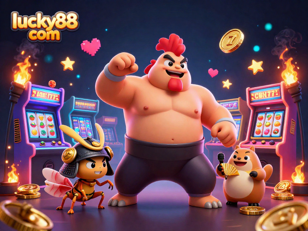 Experience thrilling wins with lucky88 com in this vibrant casino-themed 3D illustration featuring gaming action.