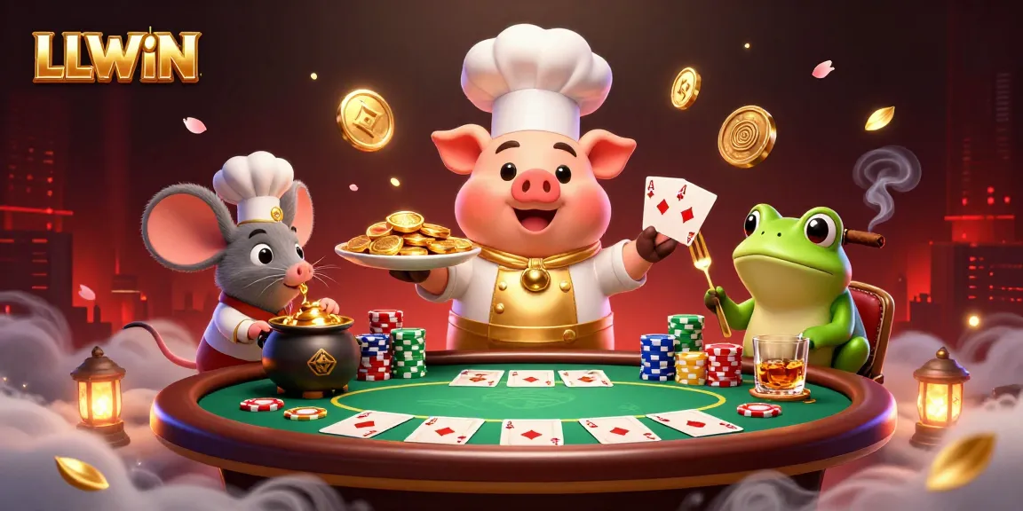 LLWIN elevates the gambling experience, showcasing a pig chef presenting gold coins amidst a vibrant casino scene.
