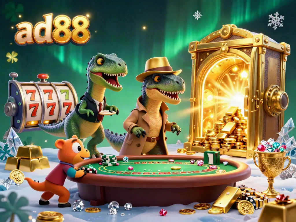 ad88 casino scene with velociraptor card counter, stacked gold, and dynamic gaming elements.