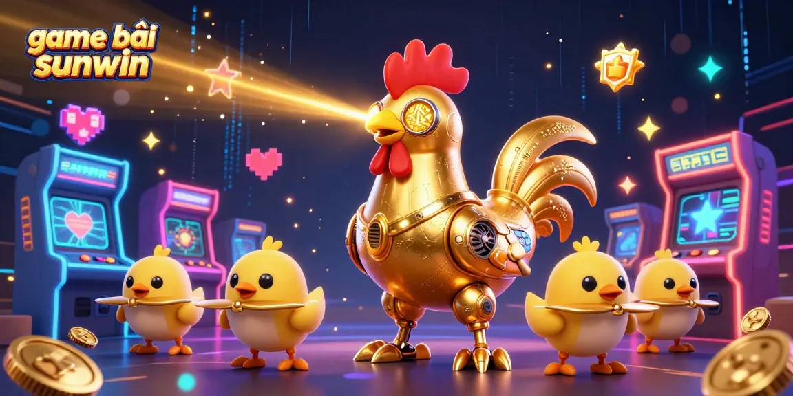 Engage in game bài sunwin with dynamic 3D illustration, featuring a golden rooster robot and vibrant casino elements.