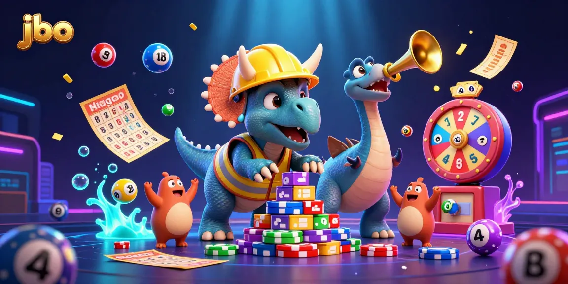 Celebrate your wins with jbo in a lively 3D casino scene showcasing vibrant lottery elements.