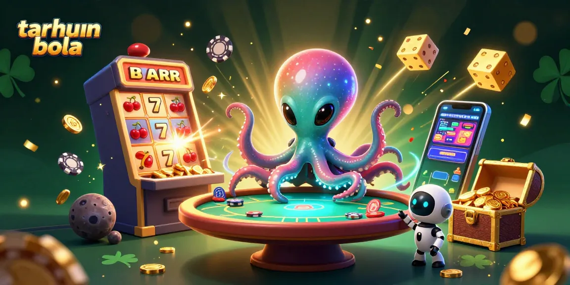 Experience taruhan bola excitement with a vibrant alien octopus at a holographic poker table surrounded by casino elements.