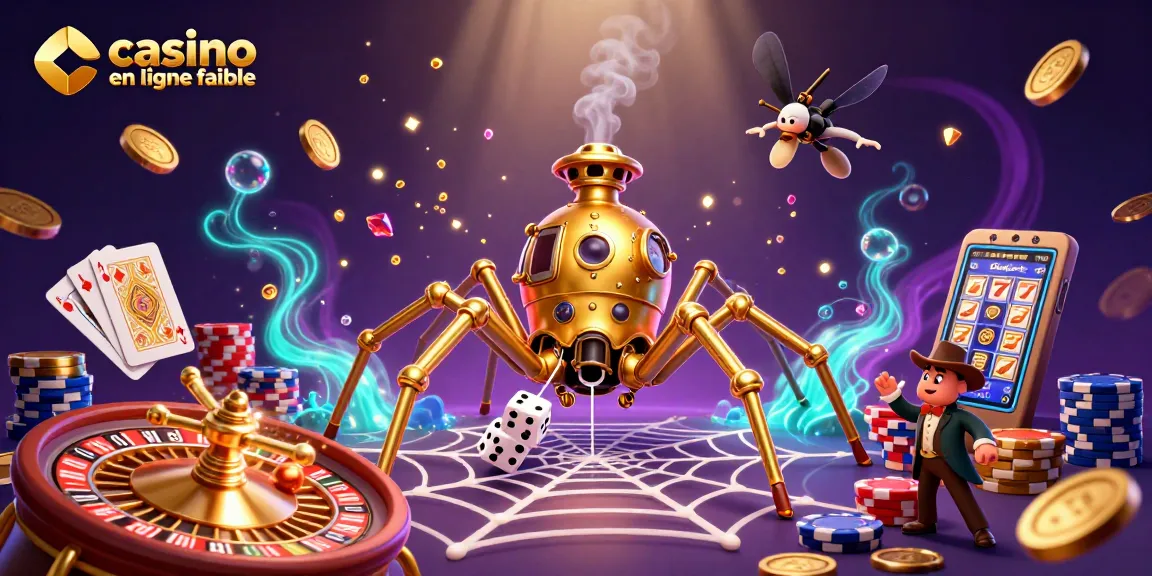 Jouez sur un casino en ligne fiable, illustré par une araignée dorée et des jetons de poker dans un monde fantastique.