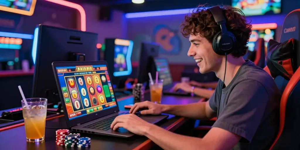 Player enjoying a thrilling slot game on a laptop in a vibrant gaming room.