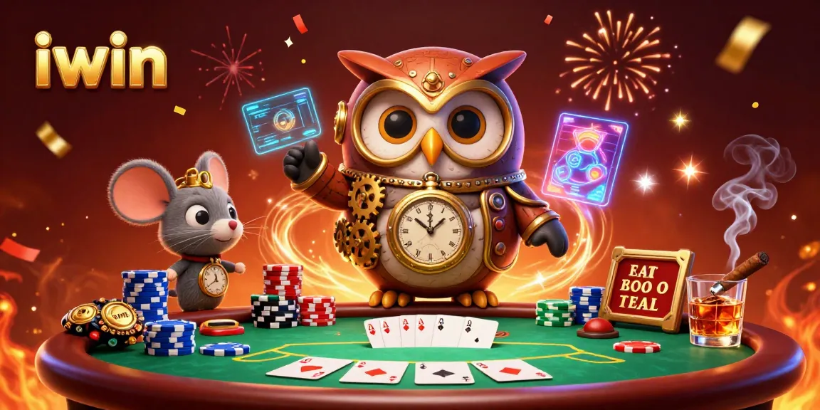 Experience thrilling gaming at iwin with a vibrant 3D illustration featuring poker action and festive casino vibes.