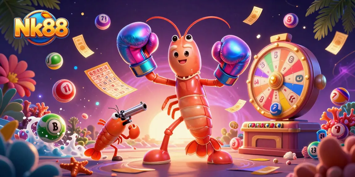 Engage with Nk88's vibrant lottery scene featuring animated characters and dynamic game elements.